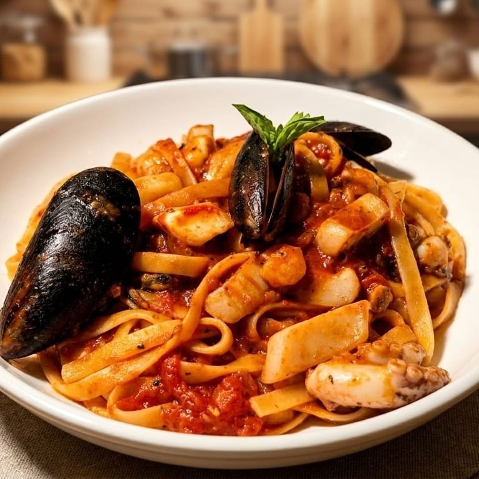 Seafood pasta with mussels, squid, and tomato sauce in a white bowl on a wooden table.