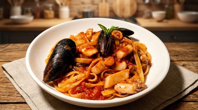 Seafood pasta with mussels, squid, and tomato sauce in a white bowl on a wooden table.