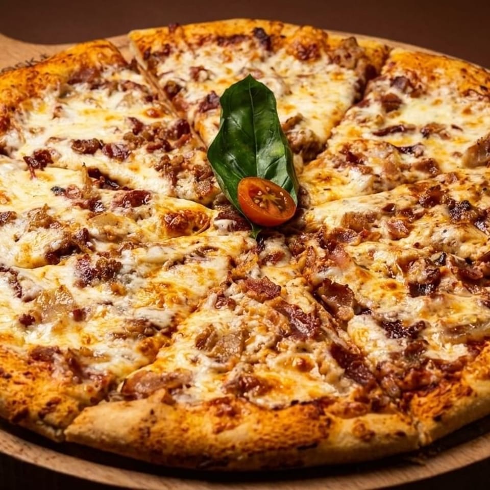 A freshly baked pizza with melted cheese, bacon, and onions, garnished with basil and cherry tomato.