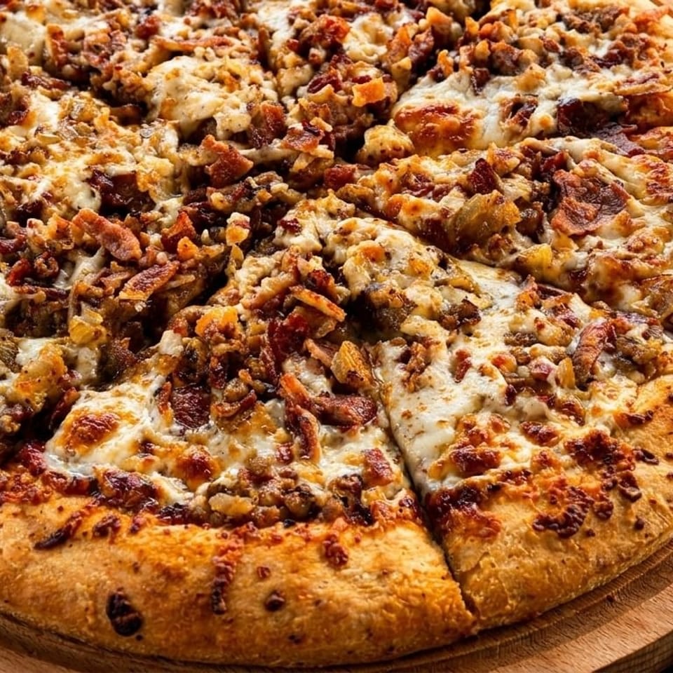 A sliced pizza topped with melted cheese, bacon, and onions on a wooden serving board.
