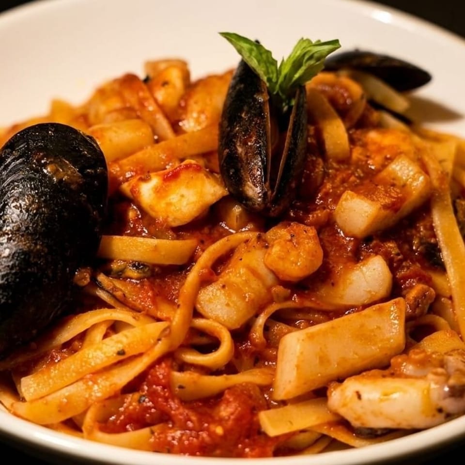 Seafood linguine with mussels, calamari, and scallops in a rich red sauce, garnished with basil.
