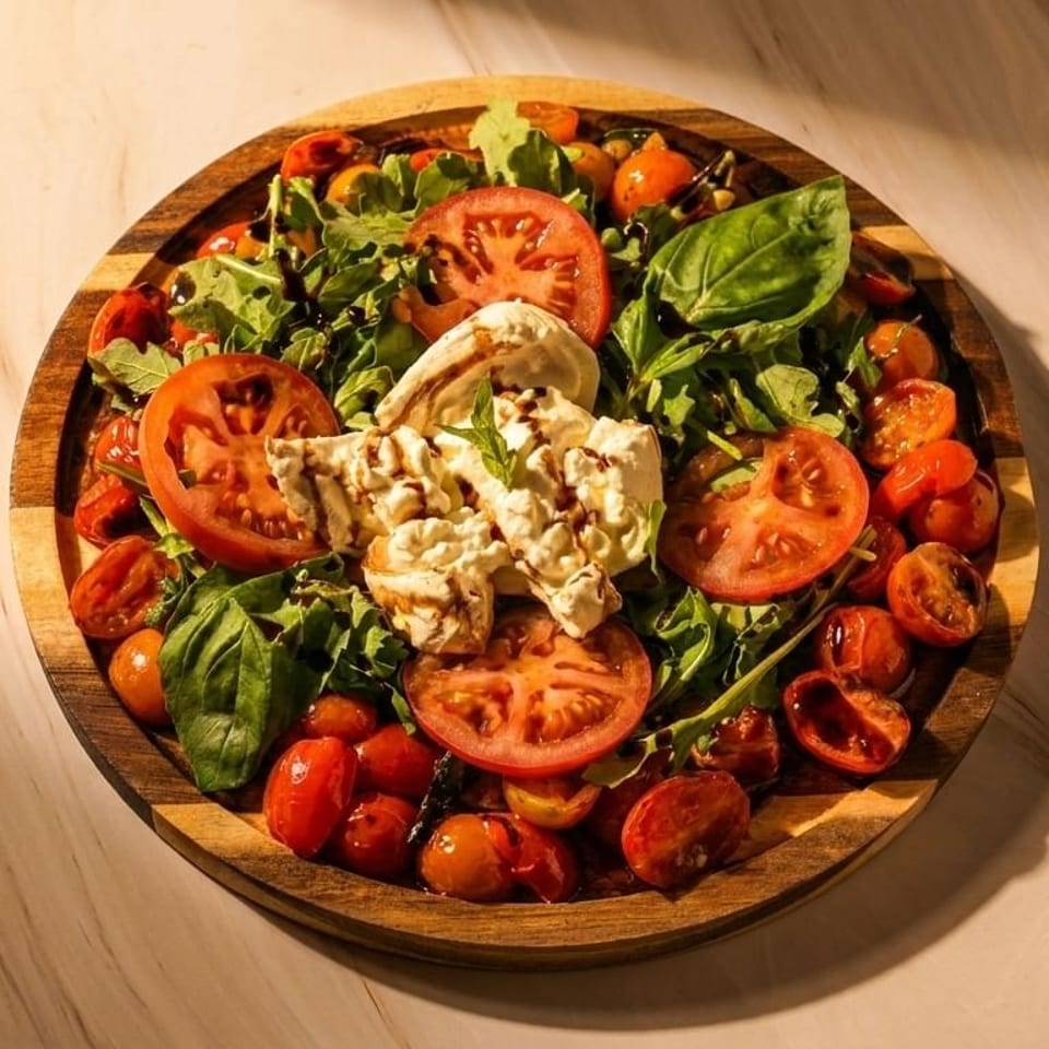 Caprese salad with fresh mozzarella, sliced tomatoes, cherry tomatoes, basil, and balsamic glaze.