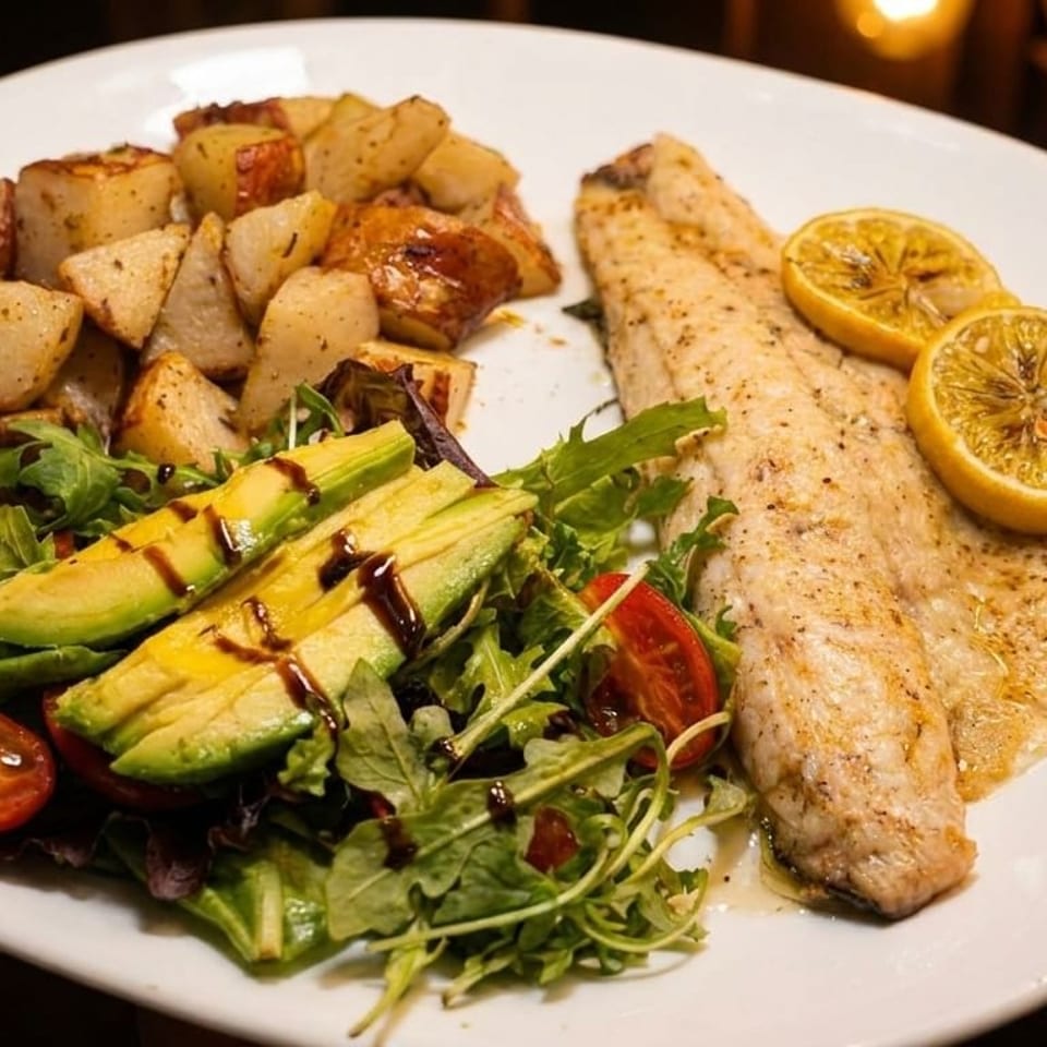 Grilled fish with lemon slices, roasted potatoes, and a fresh salad with avocado and balsamic glaze.