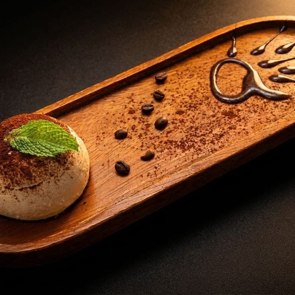 Tiramisu dessert with cocoa powder, mint, coffee beans, and chocolate drizzle on a wooden tray.